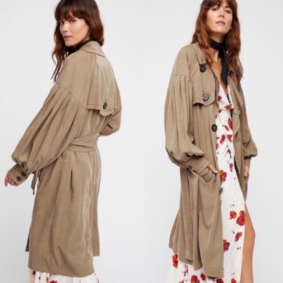 Free People Jackets & Blazers - Free People Brown Balloon Sleeve Oversized Trench Coat, Size Extra Small